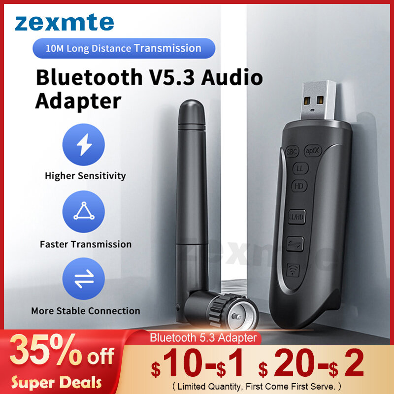 Zexmte Adaptor Bluetooth 5.3 untuk Pengeras Suara PC Pemancar Audio Bluetooth USB untuk Earphone Bluetooth Mendukung APTX