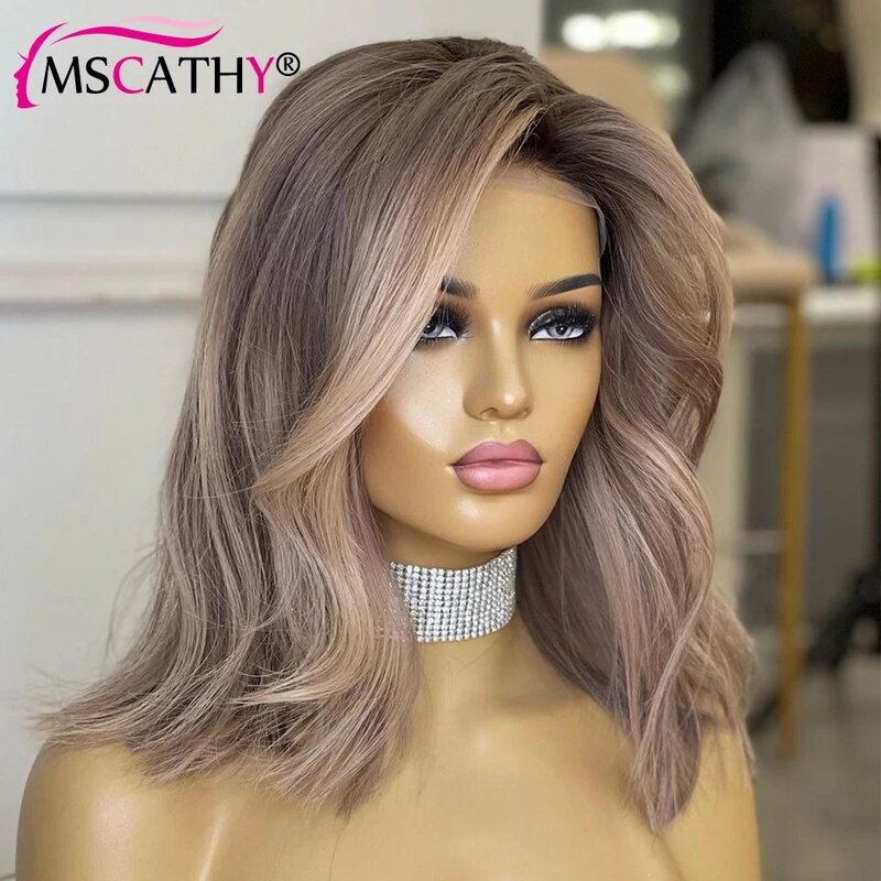 Ash Blonde Ombre Wigs For Women Human Hair Body Wave HD Transparent Lace Frontal Wig Brazilian Remy Hair Short Bob Wig Pre Pluck