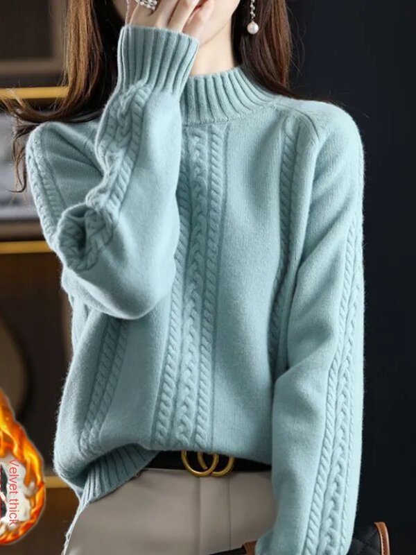 Sweater wol wanita, Sweater rajut wol indah musim dingin 2024 leher tinggi setengah atas musim gugur Pullover hangat