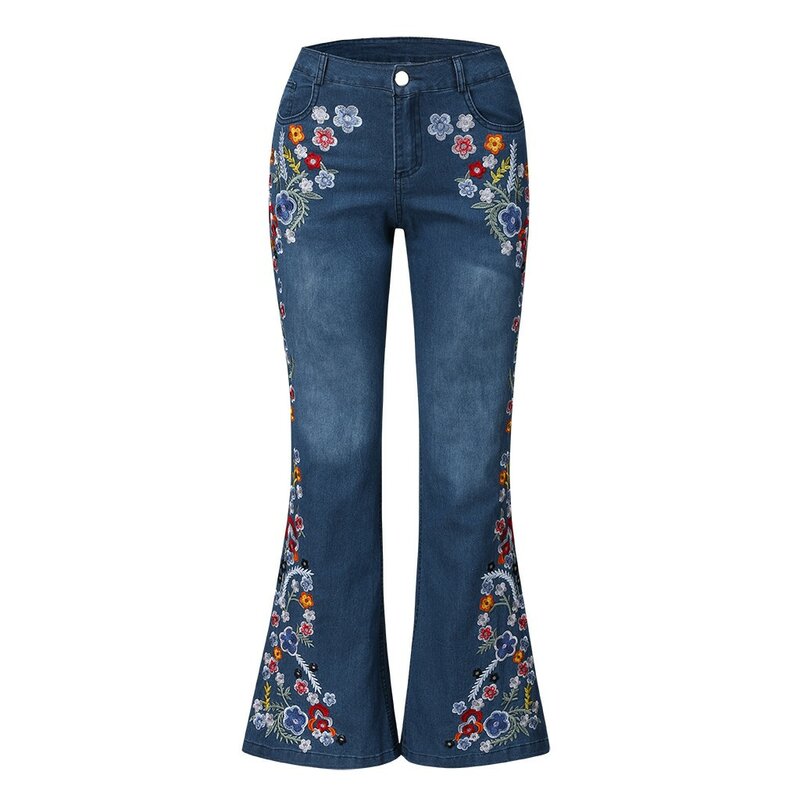 Haftowane dżinsy Vintage spodnie damskie z wysokim stanem wyszczuplająca modny guzik damskie rozkloszowane spodnie dżinsowe