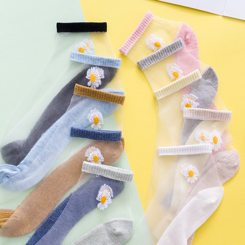 1 Paar Sommer ultra dünne Frauen Socken transparente Seide koreanischen Stil kleine Gänseblümchen Söckchen für Frauen