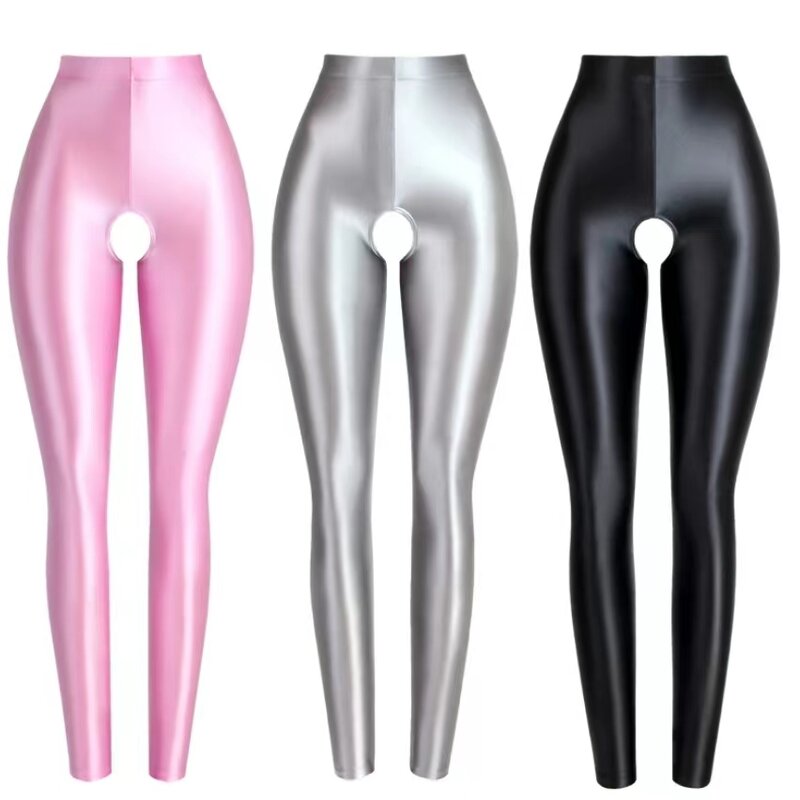 DROZENO Sexy pants solid color tight Oil Shiny Opaque Pantyhose Wet Look Tights Silky Stockings Slim High Waist Leggings