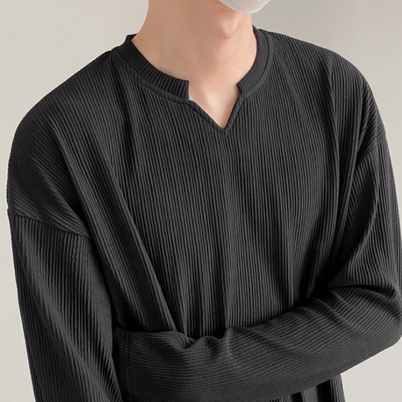 Ribbed Drape V Neck All-match Solid Fall Spring Casual  Long Sleeve Men Clothes Loose New Trendy Fashion Oversized Top Euro Size