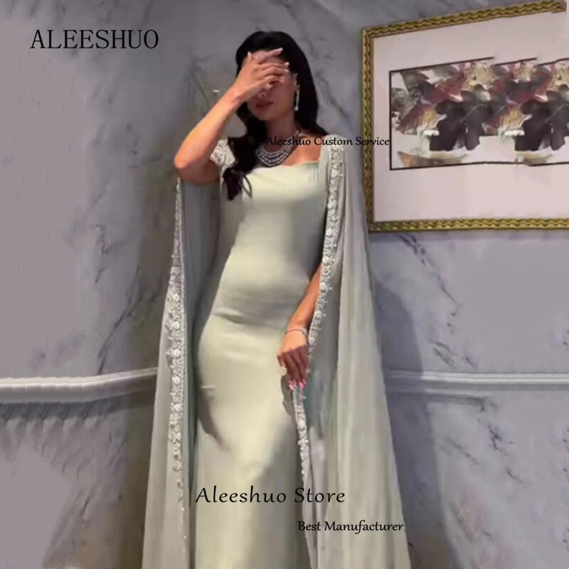 Aleeshuo Elegante Satijnen Lange Prom Jurken Cap Mouw Vierkante Kraag Rechte Appliques Arabische Vrouwen Eenvoudige Avondjurken Formeel