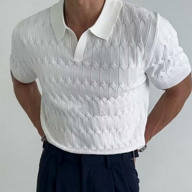 Camisa de malha jacquard com decote em V masculina, blusa elegante masculina, casual para negócios, mangas curtas, ajuste solto, tecido elástico, formal