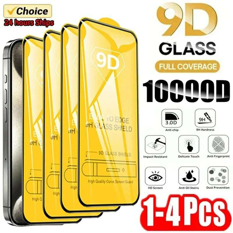 1-4PCS 9D Screen Protector Tempered Glass for IPhone 15 14 13 12 11 Pro Max Protective Glass for IPhone X XR XS Max 7 8 14 Plus