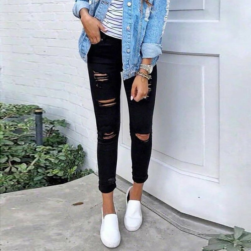 Women's Black Elastic High Waisted Slimming Fit Hollow Out Ripped Jeans Pencil Pants Casual Fashion Denim Trousers For Female