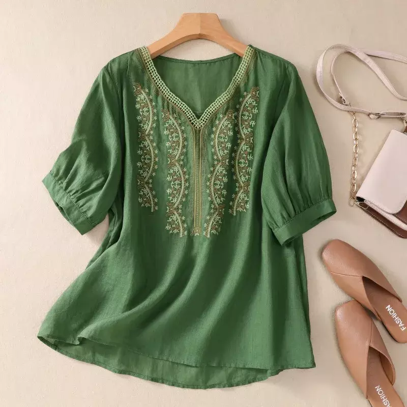 Cotton Linen Chinese Style Women's Shirt Summer Embroidery Vintage Blouses Loose Women Tops Short Sleeve Clothing YCMYUNYAN