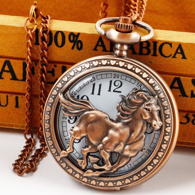 Retro Red Brown Horse Cool Handsome Hollow Quartz Pocket Watch Collection Personalised Pendant Necklace Male Gift