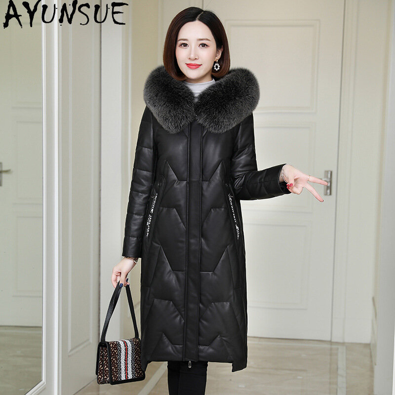 AYUNSUE-Chaqueta de piel de oveja auténtica para Mujer, abrigo de plumón de pato blanco con capucha, Cuello de piel de zorro, 2023