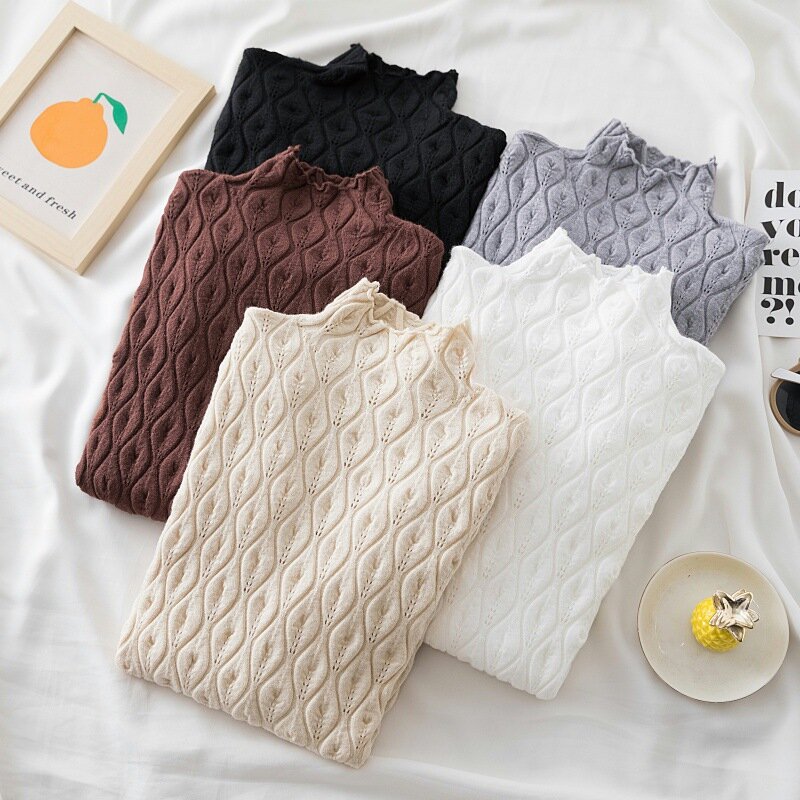 Sweater rajut leher palsu wanita, atasan Pullover hangat lengan panjang kait berongga bunga ramping musim gugur dan dingin 2023