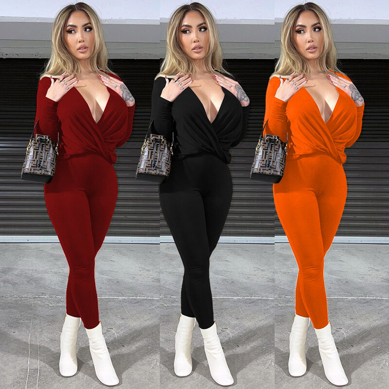 Fall Women's Commuter Suit Fashion Sexy Solid Color V-Neck Loose Long-Sleeved Plicated Pantsuit Casual Two-Piece Set