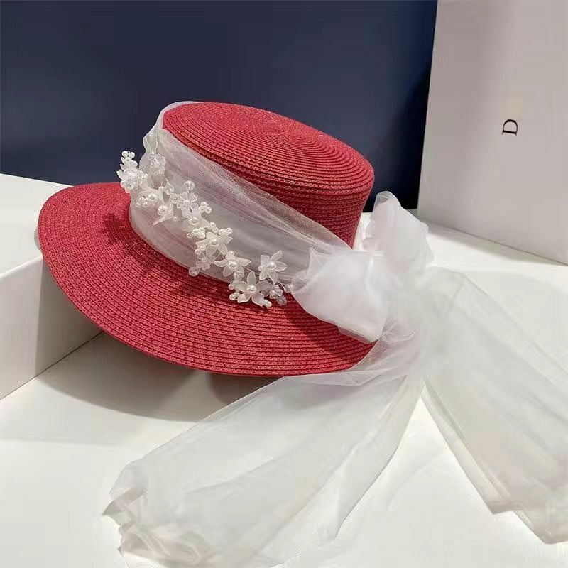 New elegant Mom lace hat Socialite Ladies Summer Outdoor Vacation Flower streamer flat top hat Beach hat