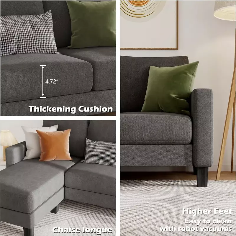 Kursi lembut sofa berbentuk L 3 fungsional dengan kain Linen, sofa hemat ruang untuk ruang tamu, kantor, 70 ", abu-abu gelap