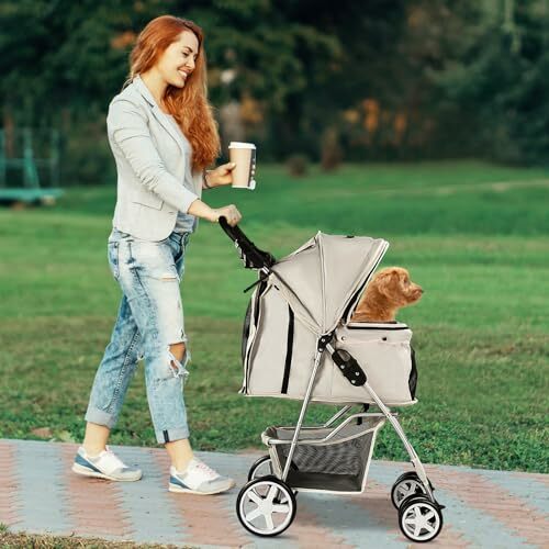 Pet Stroller for Small Dogs and CatsQuick-Folding Portable Travel Cat Dog Stroller with Storage Basket and Cup Holder, 4 Wheels