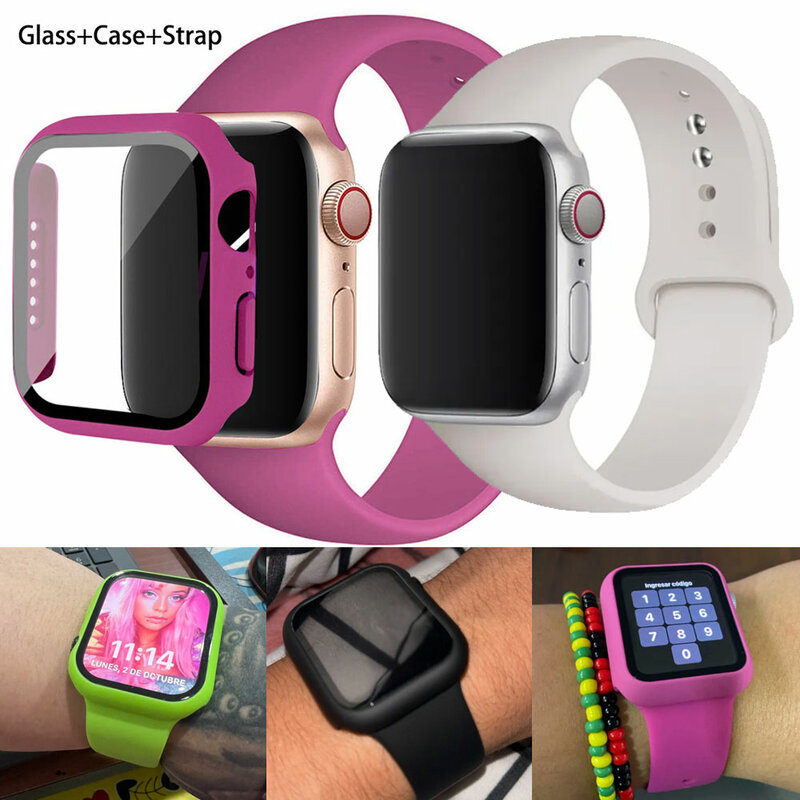 Cristal, funda y correa para Apple Watch, pulsera de silicona de 44mm, 40mm, 45mm, 41mm, 38mm, 42mm para iWatch series 8, 9, 7, 6, 5, 4, 3 SE