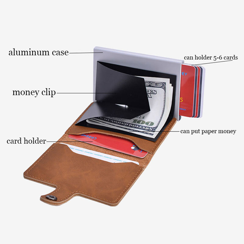 RFID การปิดกั้น Vintage ที่ใส่บัตรเครดิตผู้ชายอะลูมินัมอัลลอย ID Card อัตโนมัติชายโลหะหนัง Cardholder กระเป๋าสตางค์