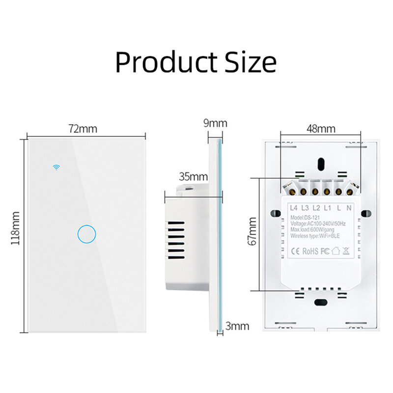 Tuya Smart WiFi Touch Switch, EUA, sem fio neutro necessário, funciona com Alexa, Google Home, 1, 2, 3, 4 Gang Light