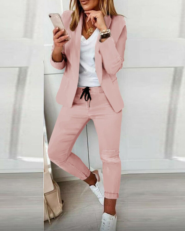 Conjunto de terno casual feminino com duas peças, casaco para baixo, calça com cordão, roupas fashion, outono, 2023
