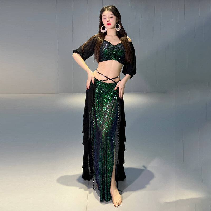 Ablaze Sequins Costume Belly Dance Elegant Outfit Shiny Long Skirt Girls Class Outfit Oriental Dance 2 Pieces Set Group Clothes