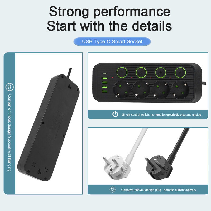 EU-Stecker Wechselstrom steckdose Steckdosen leiste Multitap-Verlängerung kabel Steckdose mit USB-Anschlüssen Überspannung schutz Multiprise-Netzwerk filter