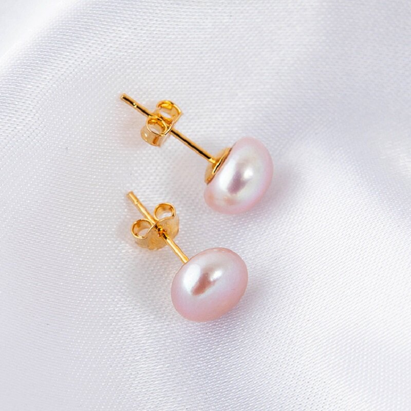 Anting Perak Murni 925 Asli Perhiasan Emas Cincin Kancing Mutiara Air Tawar Alami untuk Hadiah Ulang Tahun Mode Wanita