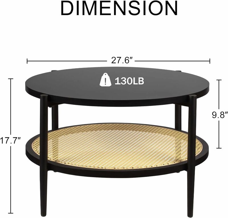 Round Rattan Coffee Table Mid Century Modern Engineered Wood Living Room Table Black Center Table with Storage for Small Space