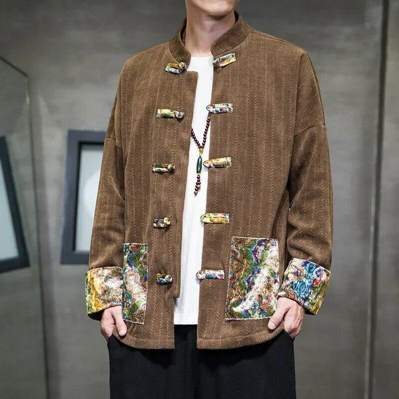 Jaqueta de manga comprida estampada chinesa masculina, casaco de botão masculino, gola em pé, roupa tradicional Han e Tang, outono e inverno