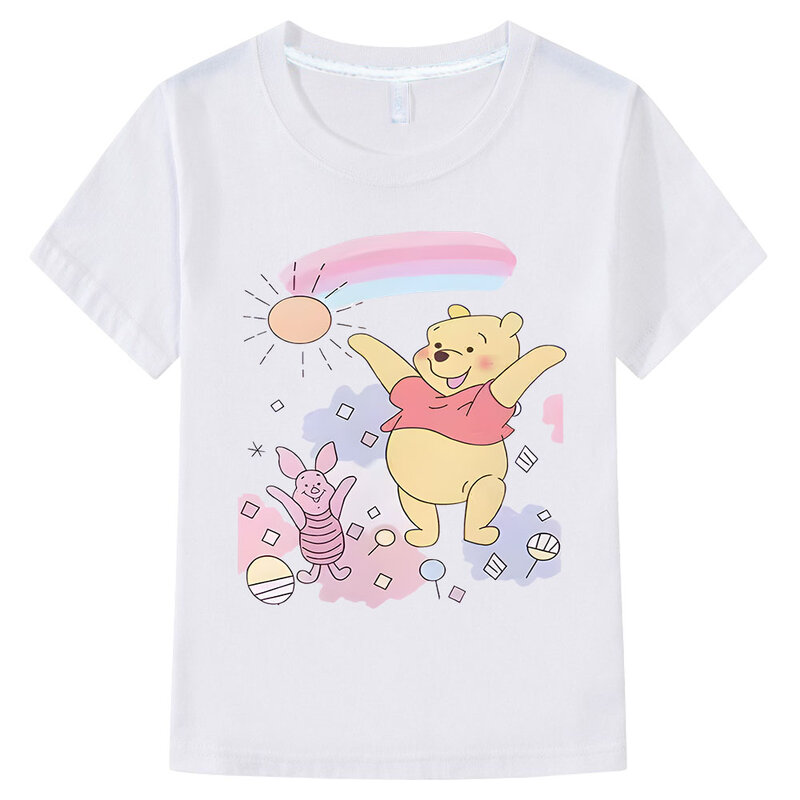 Winnie Bear Cartoon Print Cute Kids T Shirt Kawaii Girls T-shirt Children's Clothes 2024 Summer Short Sleeve Baby Boys Tops