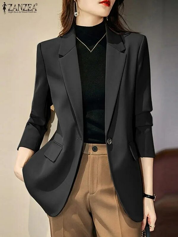 여성용 라펠 넥 긴팔 OL 블레이저 슈트, ZANZEA 패션, 단색 코트, 우아한 사무실 작업 재킷, 얇은 외투, 가을