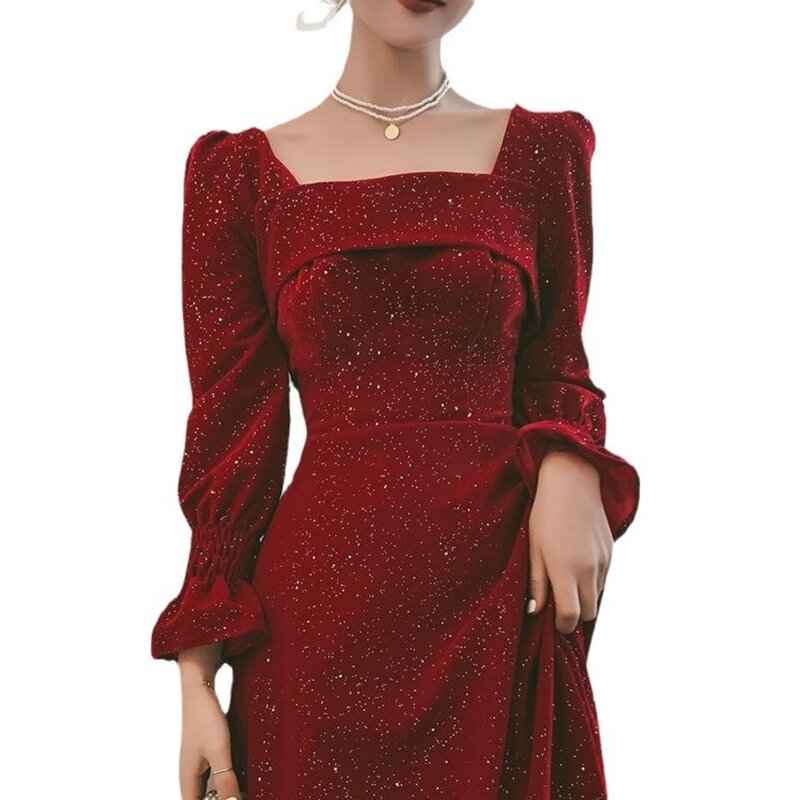 فستان نسائي كلاسيكي بياقة مربعة بالترتر ، فستان أحمر طويل ، مناسبة رسمية ، زفاف ، حفلة مسائية ، خريف وشتاء
