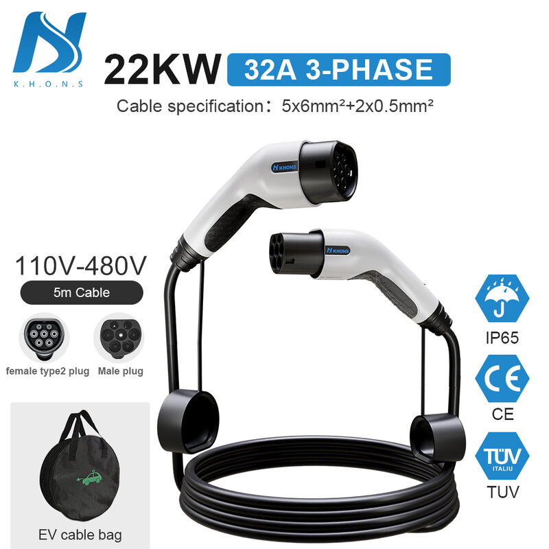 Khons EV Charging Cable Type2 16A 11kw Female To Male Plug Cable 5m Three Phase EV Extension Cable For Car Charger Station