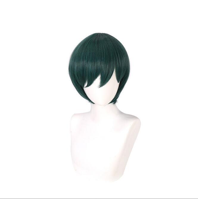 شعر مستعار Rin-Itoshi تأثيري ، شعر مستعار اصطناعي من ألياف الأنمي ، شعر قصير أخضر داكن ، قفل أزرق