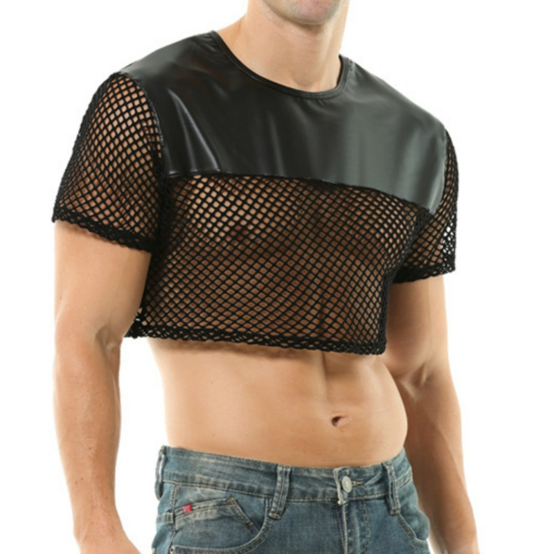 남성용 투명 할로우 아웃 라운드 넥 탑 티셔츠, 통기성 및 섹시한 겉옷, 섹시하고 도발적인 가죽