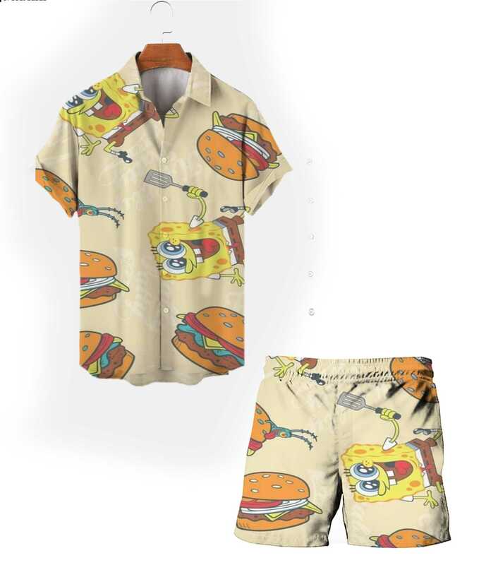 Chemise à manches courtes dessin animé Bob l'éponge Harajuku pour hommes, costume de plage décontracté, style de rue, mode Y2K, nouveau, été, 2024