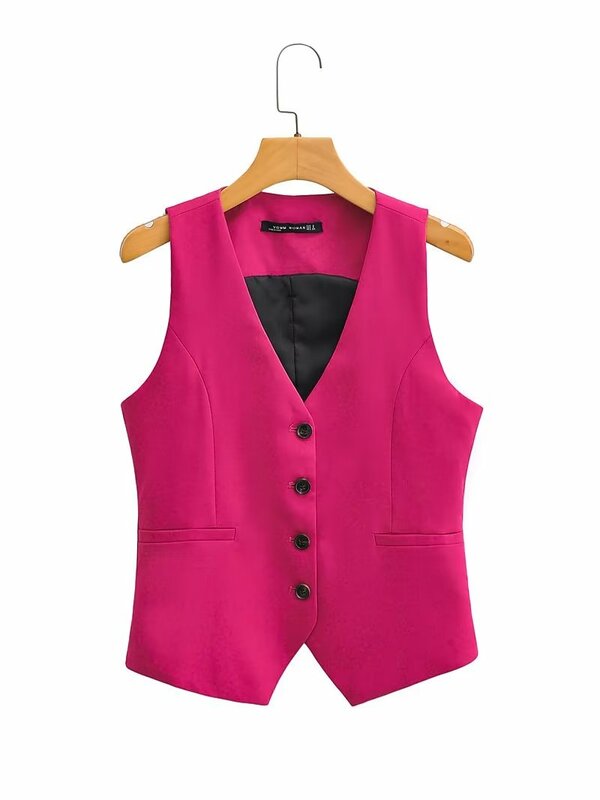 Women Fashion V Neck Sleeveless Pockets Short Vest Jacket Office Lady Single Breasted Casual Slim WaistCoat Tops CT2208