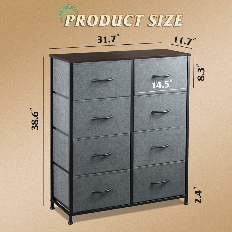 Fabric Dresser for Bedroom, Tall Dresser with 8 Drawers, Storage Tower with Fabric Bins, Double Dresser, Chest of Drawers