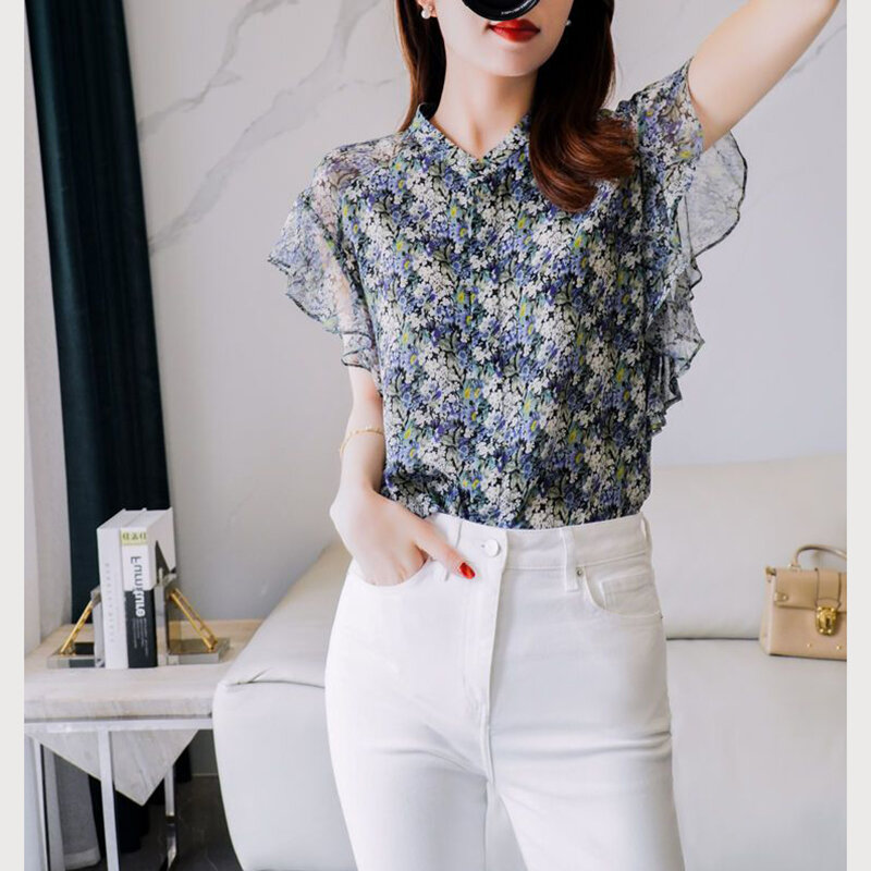 우아한 프린트 나비 소매 꽃무늬 쉬폰 셔츠, 여성 의류, 루즈한 올매치 상의, 오피스 레이디 블라우스, 2024 여름