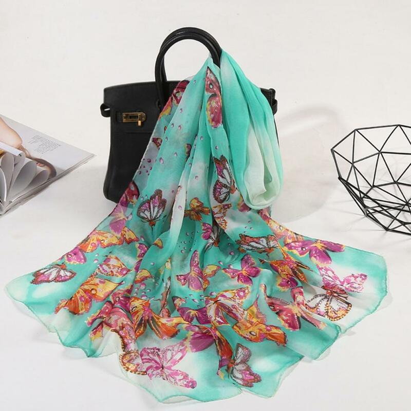 Lenço de seda estampa borboleta para mulheres, lenço decorativo respirável chiffon, bandana de praia, hijabs muçulmanos, hijabs longos