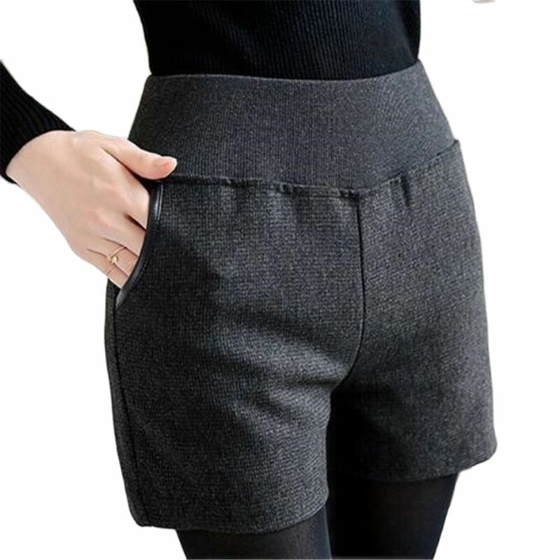 Pantalones cortos informales con bolsillo para mujer, Shorts lisos de cintura alta elástica, rectos, gruesos y ajustados, gran oferta, primavera y otoño, invierno