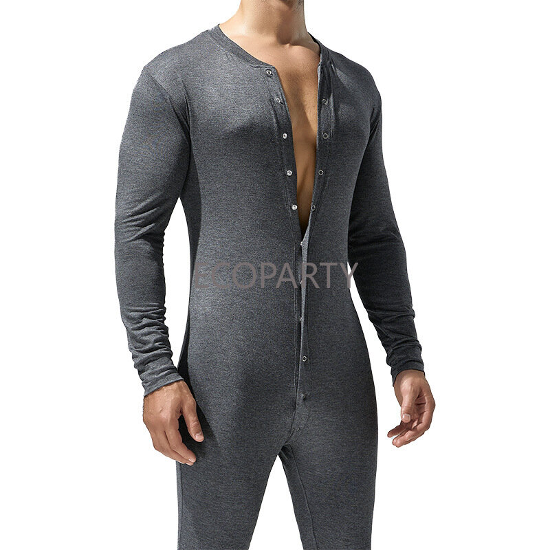 Pijama monocromático masculino, macacão de manga comprida, botão confortável, pijamas de lazer, homens macacão, pijamas Homewear, M-XXL