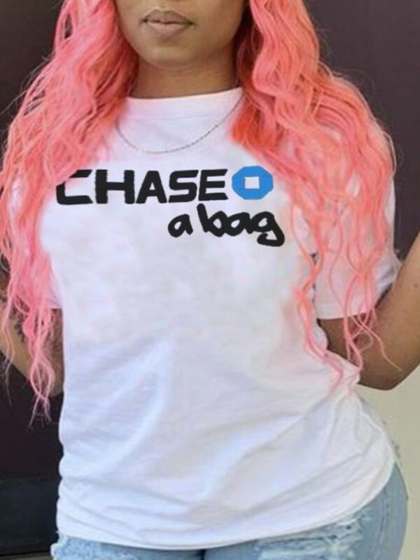 LW-T-shirt imprimé lettre Chase A Bag pour femme, col rond en Y, manches courtes, t-shirt d'été, t-shirts blancs, grande taille