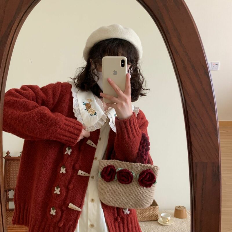 Cárdigan de punto bordado para mujer, ropa con botones de cuerno, suéter de estilo universitario, chaqueta con cuello redondo, otoño e invierno, 2022
