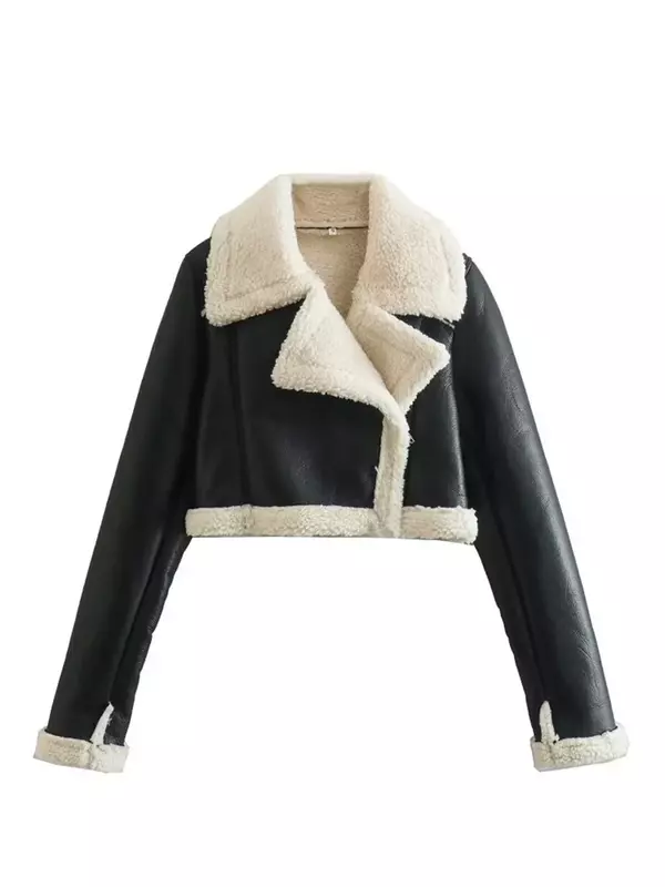 Jaqueta de couro de cordeiro para mulheres, casaco grosso, curto, quente, roupa de rua, roupa feminina, quente, inverno