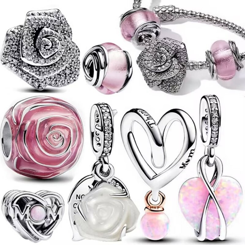 925 Sterling Silver Charme Beads para As Mulheres, Fechado Rosa De Vidro Murano, Fits Original Pulseira Pandora, Presente Da Jóia DIY
