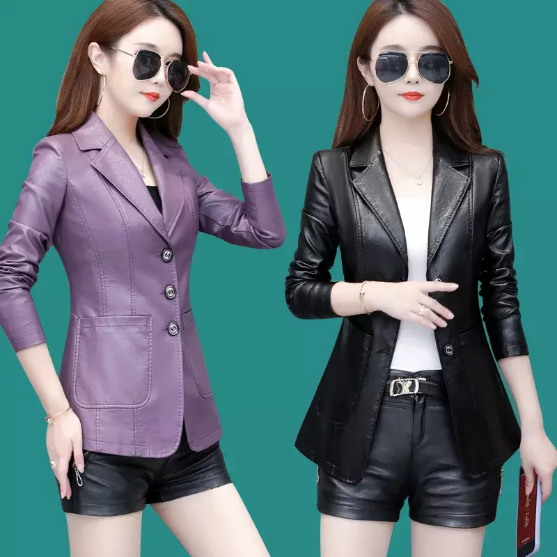 Jaqueta de couro feminino de peito único, blazer curto, casacos finos, jaquetas de couro versáteis, moda coreana