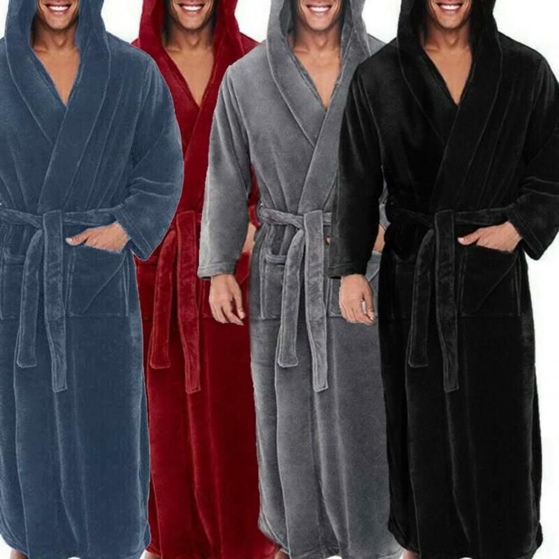 ชุดคลุมอาบน้ำผ้าสักหลาดสำหรับผู้ชายเสื้อคลุมยาวใส่อยู่บ้านชุดนอนสีล้วนมีกระเป๋าใส่ในฤดูหนาว