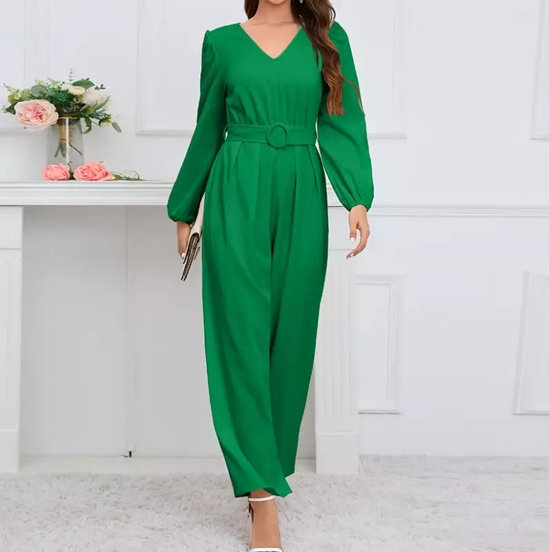Elegant Women's Jumpsuit 2024 Summer New Fashion Sexy V-Neck Long-Sleeved Solid Party Evening Wide-Leg Jumpsuits with Belt