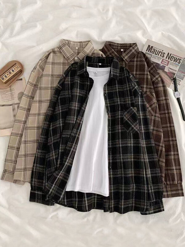 JMPRS-camisas Vintage a cuadros para mujer, Tops de manga larga de gran tamaño con botones, ropa informal holgada coreana para otoño
