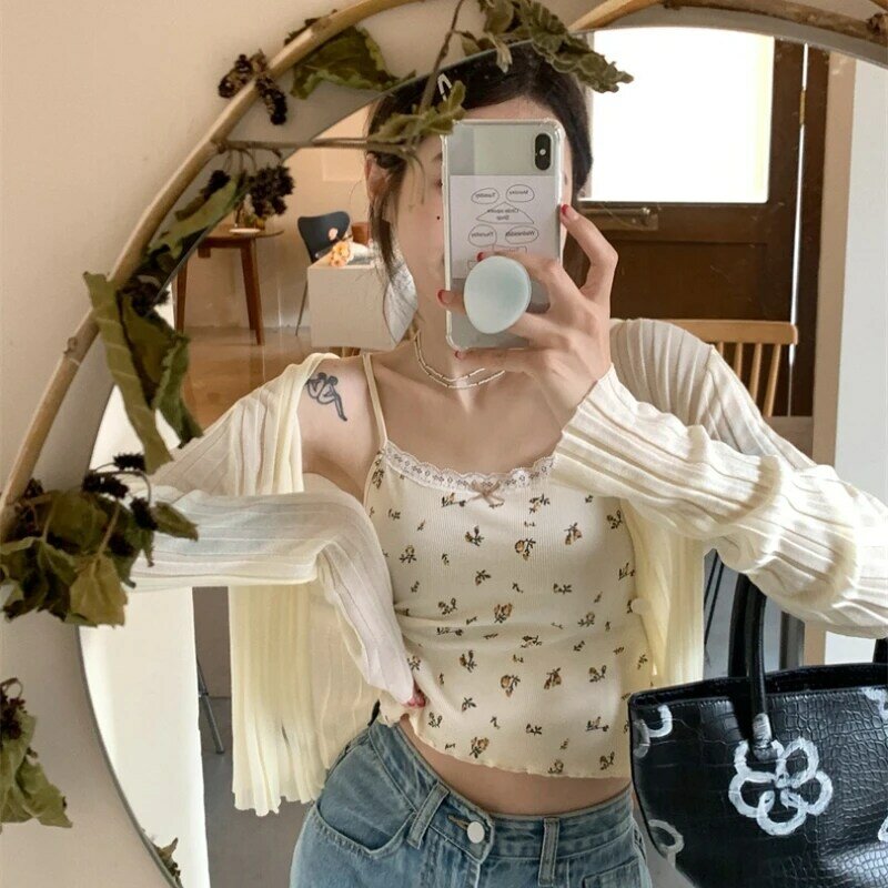 2 Pcs Sets Women Floral Slim Camis Sun-proof Crop Jackets Prairie Chic Hotsweet Summer Holiday French Style Casual Trendy Tender